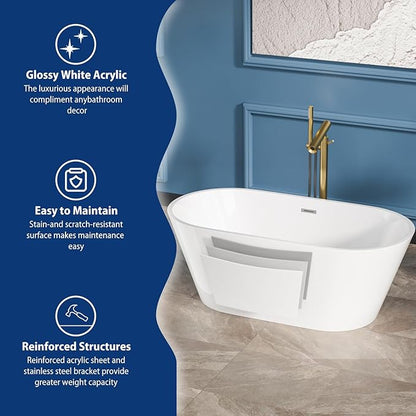 Sarlai 59 Inch Acrylic Freestanding Soaking Bathtub Contemporary Soaking White Tub Stand Alone Ergonomic Bathtub with Chrome Overflow and Drain