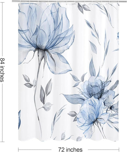 Extra Long Boho Watercolor Floral Shower Curtain 72 x 84, Blue and Grey Ink Painting Style Flower Shower Curtains for Chic Elegant Bathroom, Artistic XL Fabric Cloth Shower Curtain