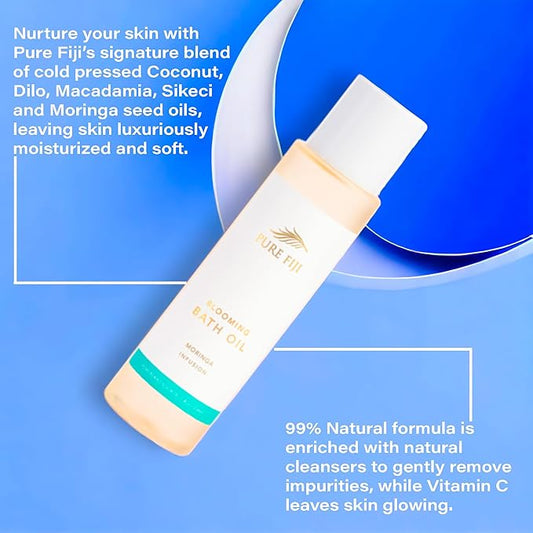 Pure Fiji Bath Oil, Conditioning Body Moisturizer with Natural Ingredients Bath Essential for Women Moisturizing Bath & Body Oil - Moringa (8oz/236ml)