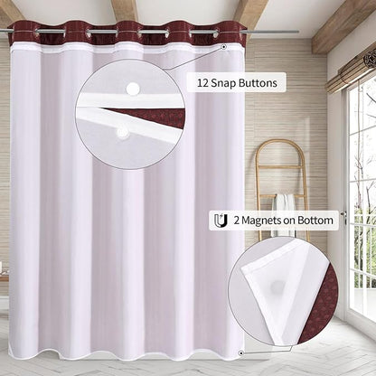 MitoVilla No Hooks Needed Extra Long Shower Curtain Liner Set, Burgundy 86 inch XL Heavyweight Waffle Fabric Cloth Shower Curtains Set with Snap-in Liner for Modern Luxury Hotel & Spa Bathroom Decor