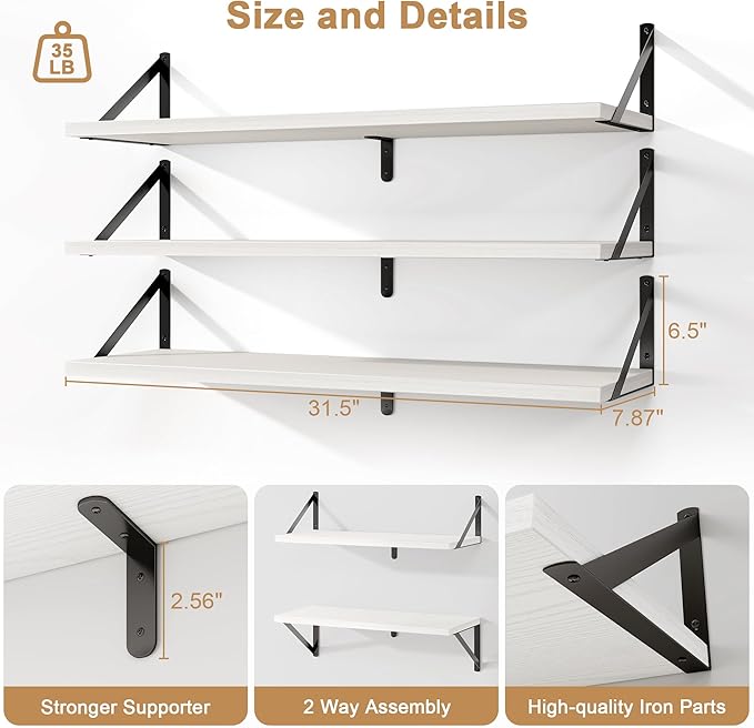 Fun Memories Floating Shelves, 32 x 8 Inches, Set of 3 Wall-Mounted Bookshelves with Metal Brackets, Decorative Storage for Home and Office (White)