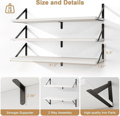 Fun Memories Floating Shelves, 32 x 8 Inches, Set of 3 Wall-Mounted Bookshelves with Metal Brackets, Decorative Storage for Home and Office (White)