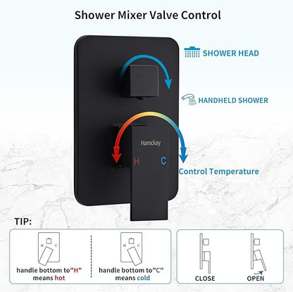 12 Inch Matte Black Shower Faucet Set with Square Rain Shower Head and Handheld Spray, Wall Mounted Rainfall Shower Head with Handheld Combo, Bathroom luxury Shower System with Valve and Trim