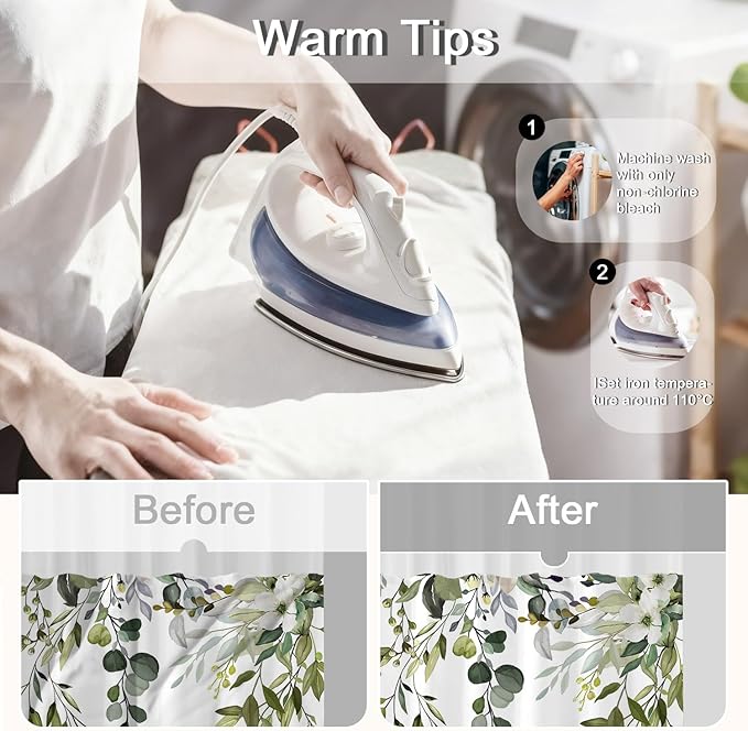 No Hook Shower Curtain and Liner Set, Sage Green Eucalyptus Floral Shower Curtains for Bathroom, Bath Curtain Sets with Snap in Liner, Waterproof with See Through Top Window, 71x77 Inches