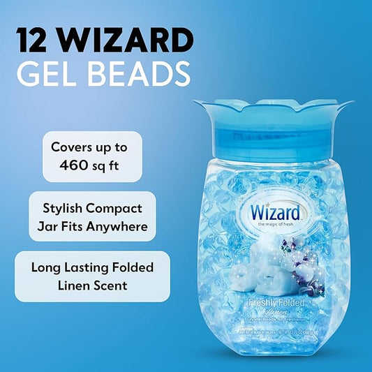12 WIZARD Odor Eliminator Gel Beads - 12 oz, Air Freshners For Bathroom, Rooms, Per Areas and Car Freshner - Fresh Linen