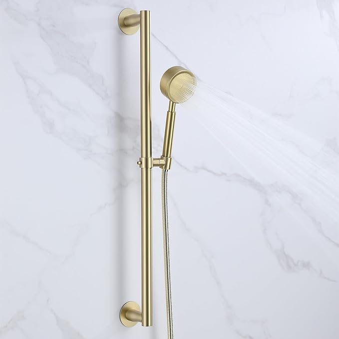 RRAJJ Shower Slide bar That is Installed by pasting or Punching Holes，Adjustable Height 28 inch of All SUS304 Stainless Steel Shower Head Holder(All Stainless Steel-Brushed Gold)