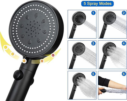 High Pressure Handheld Shower 5-Settings、Leakproof Extra Long 78 Inch Stainless Steel Hose、Adhesive Shower Head Holder（Height/Angle Adjustable）、Matte black(Classic)、ON/OFF Pause Switch