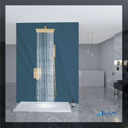 Aolemi Shower Faucet Set Rain Shower System with Handheld Spray Bathroom Shower Combo Rough-in Valve and Shower Trim Kit Included Brushed Gold 12 Inch Wall Mount Shower Head