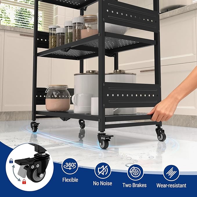 WORKPRO 4-Tier Folding Shelf, No-Assembly Metal Storage Rack with Wheels, 600 lbs Capacity (with Leveling Feet), Collapsible Shelving Unit for Kitchen, Pantry, Bathroom & Closet Organization