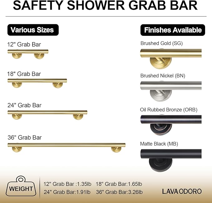 Lava Odoro Shower Grab Bar, Modern Stainless Steel Handicap Grab Bar for Bathtubs and Showers, Shower Safety Bar for Seniors Disabled, ADA-Compliant (Brushed Gold, 18 Inch)