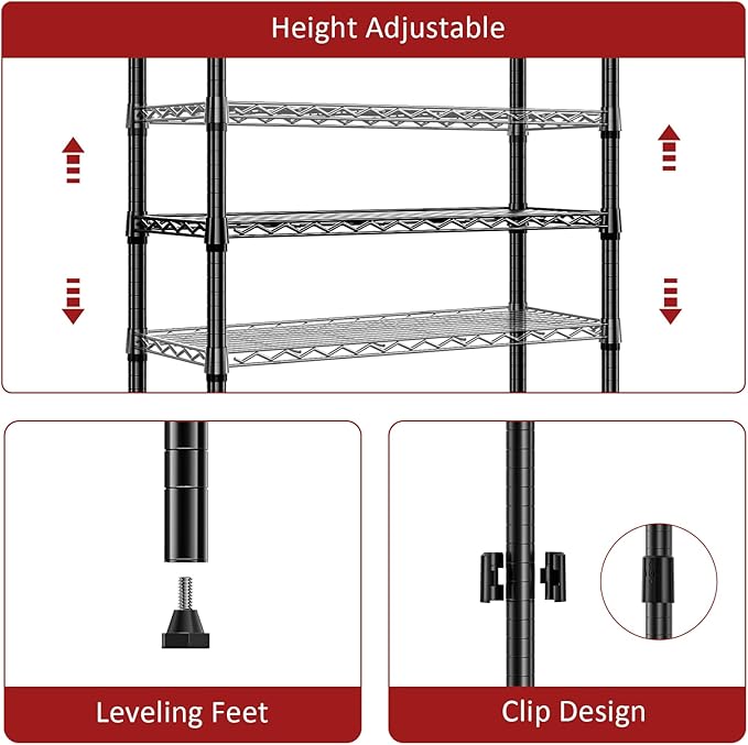 IZEUK 3-Tier Heavy Duty Steel Storage Shelves, Metal Shelf Wire Shelving Rack for Pantry, Kitchen, Home or Office Organization (29.5" W x 13.8" D x 35.5" H, 750LBS, Black)