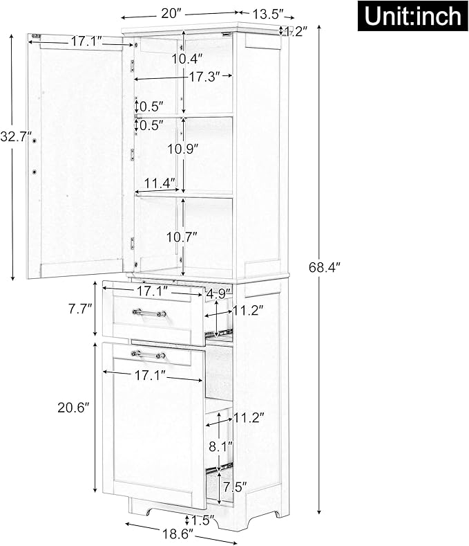 Favfurish 68" Tall Bathroom Storage Cabinet with Door and 2 Drawer,Modern Linen Cabinets w/Adjustable Shelf & Magnetic Door Stopper,Freestanding Organizer for Bath Room,Study,Office,Kitchen Grey