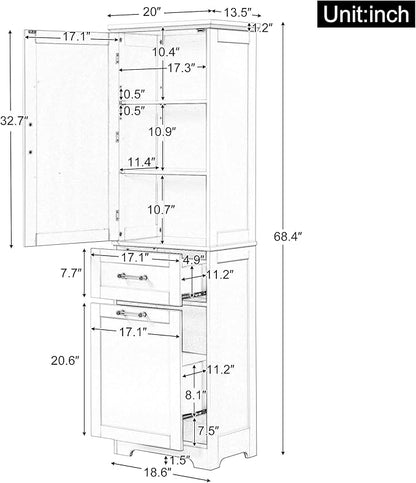 Favfurish 68" Tall Bathroom Storage Cabinet with Door and 2 Drawer,Modern Linen Cabinets w/Adjustable Shelf & Magnetic Door Stopper,Freestanding Organizer for Bath Room,Study,Office,Kitchen Grey
