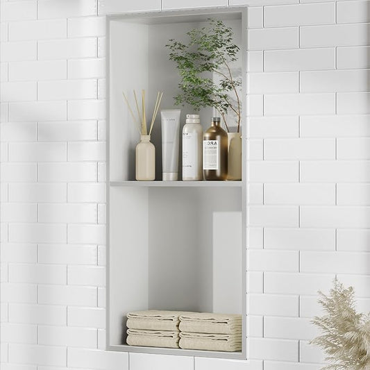 Bathbliss Shower Niche, No‑Tile Recessed Wall Niche, 11.18"x22.3" SUS304 Stainless Steel Double Shelf, Leak‑Proof Waterproof for Bathroom Storage, White