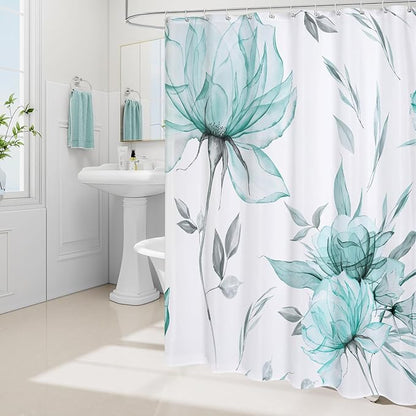 Extra Long Boho Watercolor Floral Shower Curtain 72 x 84, Teal Blue and Grey Ink Painting Style Flower Shower Curtains for Chic Elegant Bathroom, Artistic XL Fabric Cloth Shower Curtain