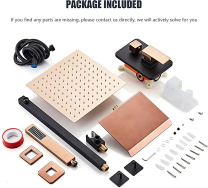Shower Faucet Set with Tub Spout, Matte Black and Rose Gold Rainfall Shower System Complete Wall Mounted for Bathroom with 10 Inch Square Shower Head and Handheld Shower Head Rain Mixer Combo