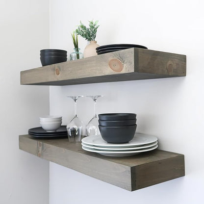 Urbandi Modern Floating Shelves 3 Inches Thick for Wall, Wide Shelves for Kitchen, Living Room, Bedroom, and Bathroom, Natural Pine Wood, Rustic Wooden Shelf, (Set of 2) (Aged Barrel, 24Lx3Hx6D)