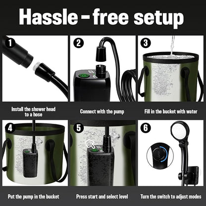 Portable Camping Shower, 6000mAh Rechargeable Shower Pump, Large Capacity Foldable Bucket, 6' 7" Filtered Shower Head, Summer Beach, Outdoor Camp Showering, Hiking, Pet Bath, RV Car Wash, Water Plant