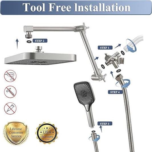 High Pressure Wide Rain Shower Head with Handheld Spray Combo, 14 Inch Rainfall Shower Heads with Adjustable Extention Arm, Dual Waterfall Showerhead with 3-Way Diverter(Brushed Nickel)
