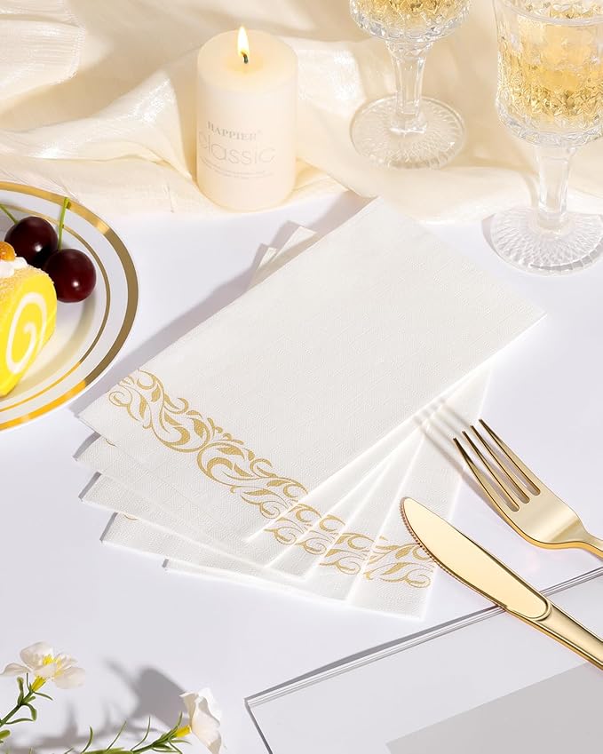Goodluck 100 Pack 3-Ply Disposable Napkins - Soft & Absorbent Paper Hand Towels for Bathroom Guests, Dinner Party, Kitchen,Christmas， Wedding & Events, Parties - Floral Gold Trim