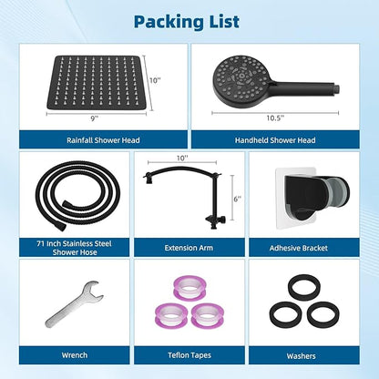Hibbent All Metal Shower Head, 10'' High Pressure Rain Shower Head/Handheld Showerhead Combo with 16'' Adjustable Extension Arm, 10 Sprays, 71'' Hose, Adhesive Showerhead Holder, Matte Black