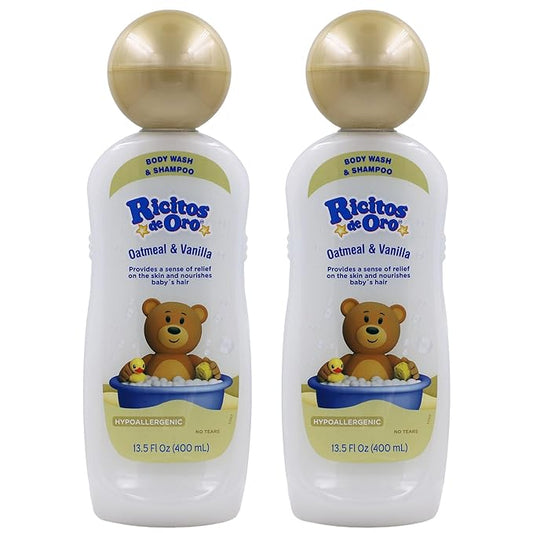 Ricitos de Oro Baby Shampoo and Body Wash, Formula with Oats and Vanilla, Hypoallergenic, Tear-Free Body Wash and Shampoo, 2-Pack of 13.5 Fl Oz Each, 2 Bottles