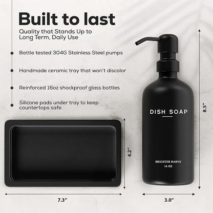 Black Glass Hand and Dish Soap Dispenser Set by Brighter Barns - Kitchen Soap Dispenser Set with Tray for Home, Airbnb, Vacation Rental, Gift - Minimalist Home Decor, Modern Kitchen Decor (Black)