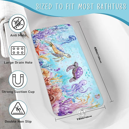 Ocean Animals Bathtub Mat Non Slip, Sea Turtle Baby Bath Mat for Tub Rubber Tub Mat, Cute Toddler Kids Bath Mats for Bathroom Anti Slip Shower Mat with Suction and Drain Holes Machine Washable,40″x16″