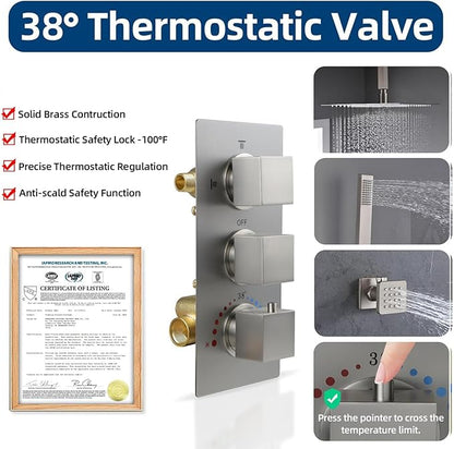 HOMEDEC Solid Brass 4 Outlets Shower Diverter Valve, Thermostatic 4-Way 3 Handles Control Shower Mixing Valve Trim Kit Rough In Replacement, Brushed Nickel