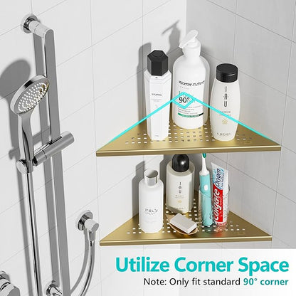 2 Pack Bathroom Corner Shelf, Recessed 12" Corner Shower Shelf, SUS304 Stainless Steel Triangular Wall Mount, No Drilling, Brushed Golden