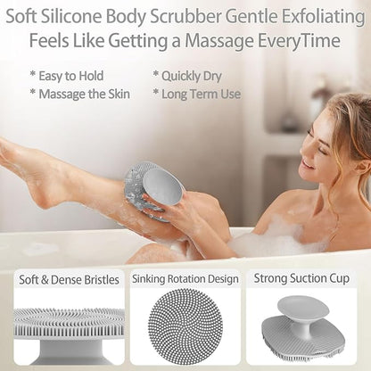 Soft Silicone Body Scrubber, Gentle Like a Hand Exfoliating Your Skin and Build Up Lather Easily, Back Large Suction Cup Easy to Store, Long-Lasting & Deep Clean (Gray)