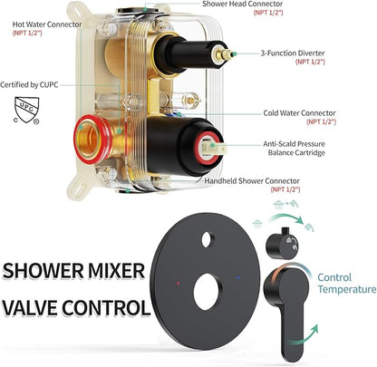 SR SUN RISE 12 Inch Slide Bar Shower System, Round Shower Faucets Sets Complete Rain Shower head and 6-Spray Handheld Combo, Wall Mounted Dual Shower Faucet Included Valve and Trim Kit, Matte Black
