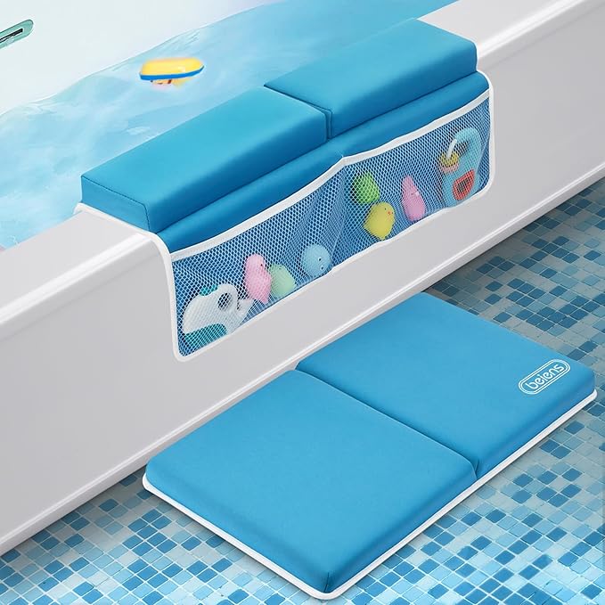 beiens Bath Kneeler and Elbow Rest Pad Set, 1.5'' Thick Quickly Dry Kneeling Pad and Elbow Support, Support Large Baby Bathtub Bath Mat Kneeling Pad with Toy Organizer for Baby Bathing Time (Blue)