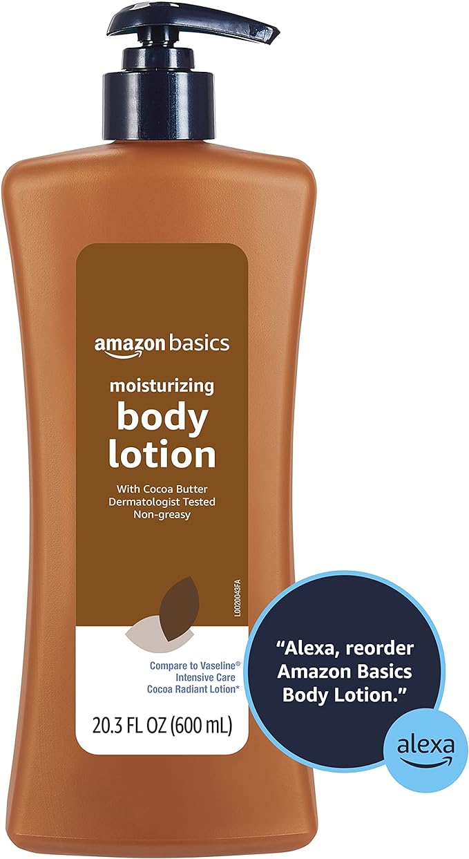 Amazon Basics Moisturizing Cocoa Butter Body Lotion for Dry Skin, Non-Greasy, Paraben Free, Lightly Scented, 20.3 Fl Oz, Pack of 1