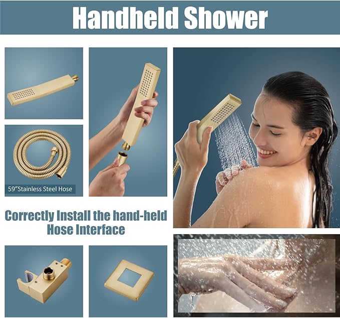 Aolemi Shower Faucet Set Rain Shower System with Handheld Spray Bathroom Shower Combo Rough-in Valve and Shower Trim Kit Included Brushed Gold 10 Inch Wall Mount Shower Head