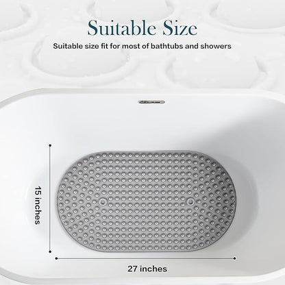 Silicone Bath Mat for Tub Non Slip, Bubble Massage Anti Slip Shower Mat with 27 x 15 Inches for Easy Storage, Washable Bathtub Floor Mats for All Ages, Grey, Oval