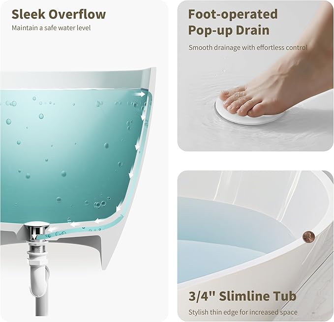 Abruzzo 63" Freestanding Solid Surface Bathtub - Engineered Stone Resin Soaking Tub with Overflow & Pop-Up Drain, cUPC Certified Glossy White, 74-Gallon Capacity Oval Tub for Modern Bathrooms
