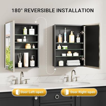16x26 Pre-Assembled Bathroom Medicine Cabinet Mirror, Surface or Recessed Brushed Nickel Medicine Cabinet with Mirror & Rustproof Aluminum Frame, Beveled Bathroom Vanity Mirror with Storage