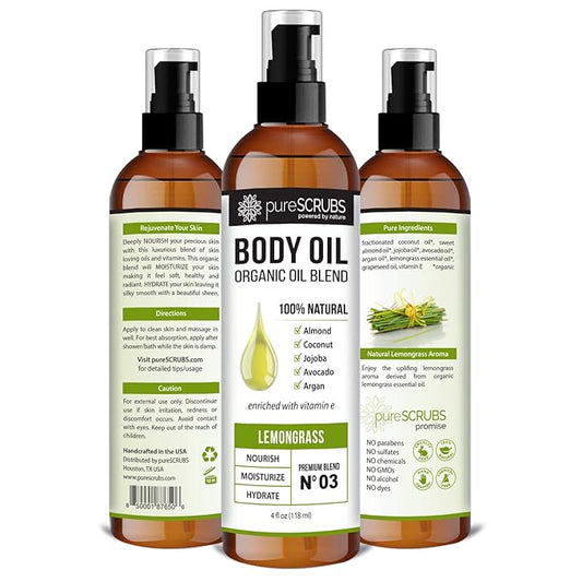 pureSCRUBS Ultra Moisturizing Lemongrass Body Oil Spray for Dry Skin, Massage, & More, Organic Super Blend of Jojoba, Argan, Coconut, Sweet Almond & Avocado Oils Enriched with Vitamin E, Lg 4oz