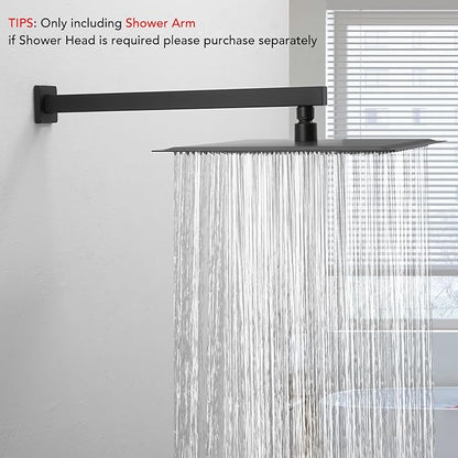 BESy 16 Inches Straight Extended Shower Arm With Flange, Rain Shower Head Extension Arms, Square Shower Rod Shower Head Extender Arm Shower Pipe Extension, Wall-Mounted Matte Black Stainless Steel