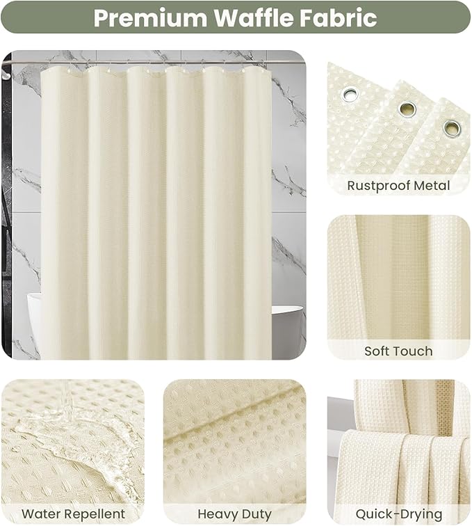 Inhousolu Fabric Shower Curtain Waffle Weave, 230 GSM Heavy Duty, Weighted Hem, 8 Metal Hooks, Water Repellent, Machine Washable, Hotel Spa Luxury Bath Curtain Set, 36 x 72 Inch, Ivory