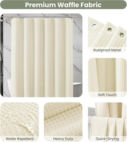 Inhousolu Fabric Shower Curtain Waffle Weave, 230 GSM Heavy Duty, Weighted Hem, 14 Metal Hooks, Water Repellent, Machine Washable, Hotel Spa Luxury Bath Curtain Set, 72 x 72 Inch, Ivory