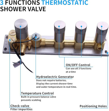 Triple Function Shower Diverter Valve Digital Display Shower Mixer Valve Kit Replacement Temperature Control Valve (Brushed Nickel)