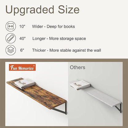 Fun Memories 40 Inch Floating Shelves, 10 Inch Deep Wall Shelf, 40 x 10 Floating Shelf Set of 2, Wood Floating Shelf Wall Mounted, Large Kitchen Living Room Bedroom Storage Shelves, Rustic Brown