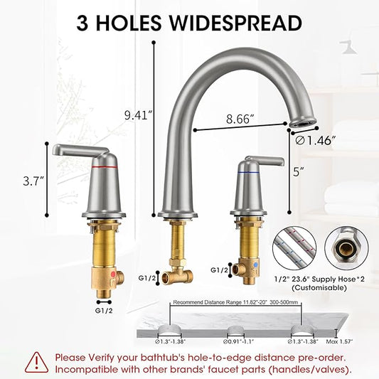 High Flow Roman Tub Faucet with Valve, Widespread Solid Brass 3 Hole Bathtub Faucet, 2 Handle Deck Mount Bath Tub Filler with Supply Water Hoses, Brushed Nickel