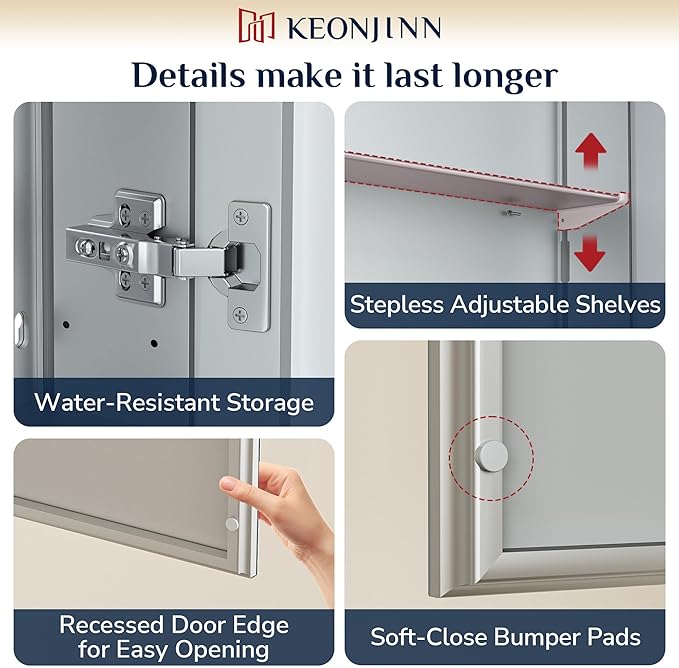Keonjinn 48 x 32 Inch Oversized Medicine Cabinet for Bathroom with Mirror, Assembly Required, Silver Aluminum Structure, Free Adjustable Shelves, Combined Recessed or Surface Mount Wall Cabinet