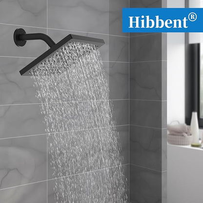 Hibbent Thickness Metal Rain Shower Head, 8 Inch High Pressure Rainfall Shower Head, Square Bathroom Waterfall Shower Heads, High Flow Fixed Showerheads with Adjustable Brass Ball Joint, Matte Black