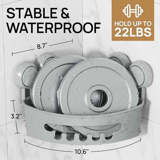 LEVERLOC Corner Shower Caddy Suction Cup, shower shelves suction cup, 2 Pack Basket Powerful Bathroom, Waterproof & Oil-proof Organizer for Kitchen, No-Drilling Removable (Grey)