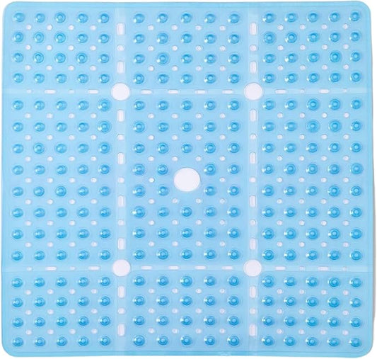 ENKOSI Square Shower Mat 27x27 inch - Anti Slip Bathroom Shower Stall Mats for Shower Floors - Non Slip Square Bath Mat with Strong Secure Suction Cups and Drain Holes in Middle (Clear Blue 27x27)