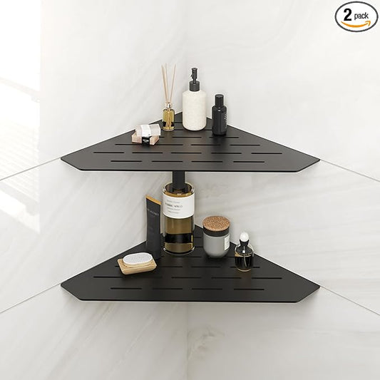 FerdY 2-Pack 10" Matte Black Recessed Corner Shower Shelf, for Tiled Bathroom Walls, 304 Stainless Steel Floating Shelf, Shower Caddy Storage Shelves, No Drilling Required, Striped Diamond